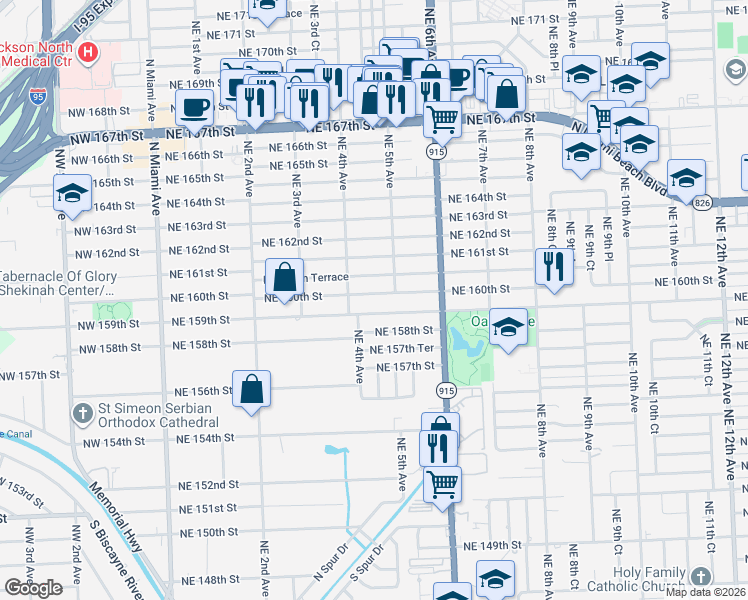 map of restaurants, bars, coffee shops, grocery stores, and more near 436 Northeast 160th Street in Miami