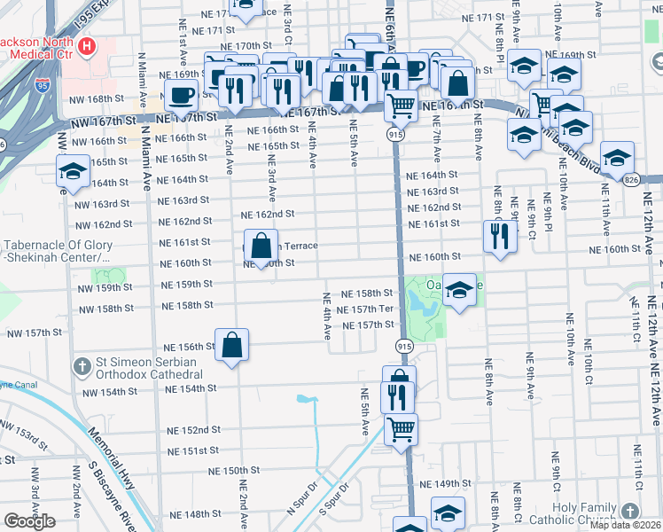 map of restaurants, bars, coffee shops, grocery stores, and more near 436 Northeast 160th Street in Miami