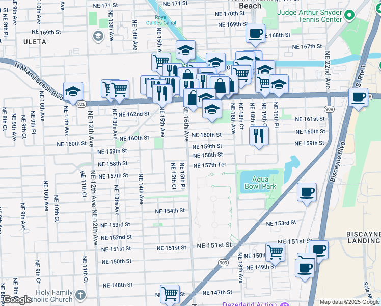 map of restaurants, bars, coffee shops, grocery stores, and more near in North Miami Beach