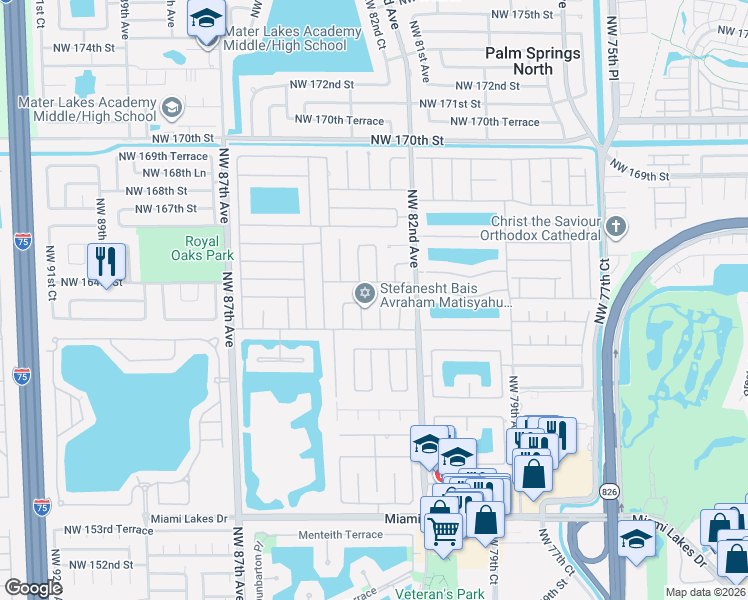 map of restaurants, bars, coffee shops, grocery stores, and more near 16305 Northwest 83rd Court in Hialeah