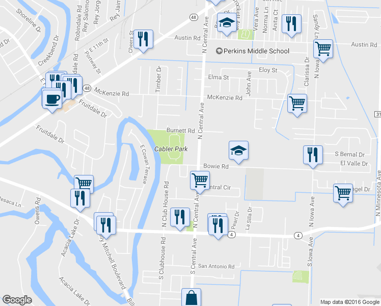 map of restaurants, bars, coffee shops, grocery stores, and more near 409 North Central Avenue in Brownsville