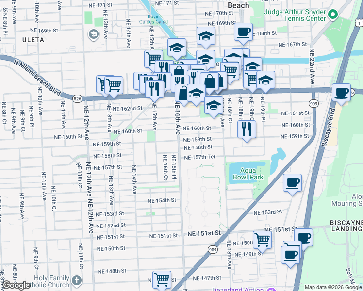 map of restaurants, bars, coffee shops, grocery stores, and more near in North Miami Beach