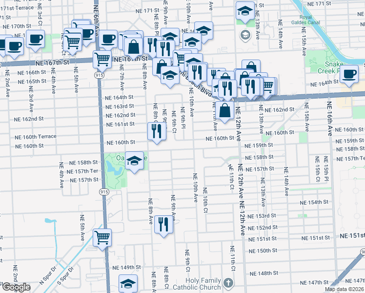 map of restaurants, bars, coffee shops, grocery stores, and more near 961 Northeast 159th Street in North Miami Beach