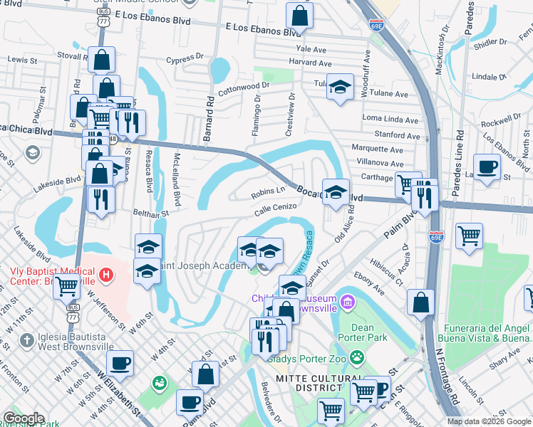 map of restaurants, bars, coffee shops, grocery stores, and more near 254 Calle Cenizo in Brownsville