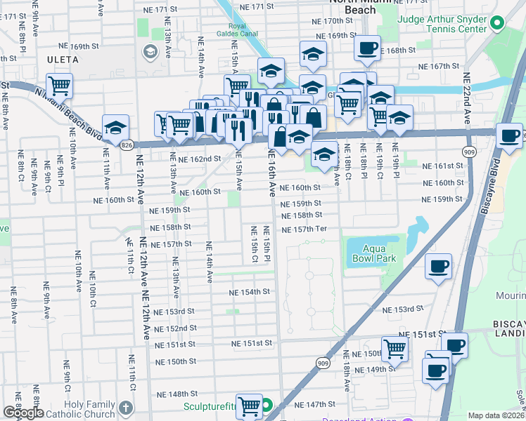 map of restaurants, bars, coffee shops, grocery stores, and more near 1535 Northeast 158th Street in North Miami Beach