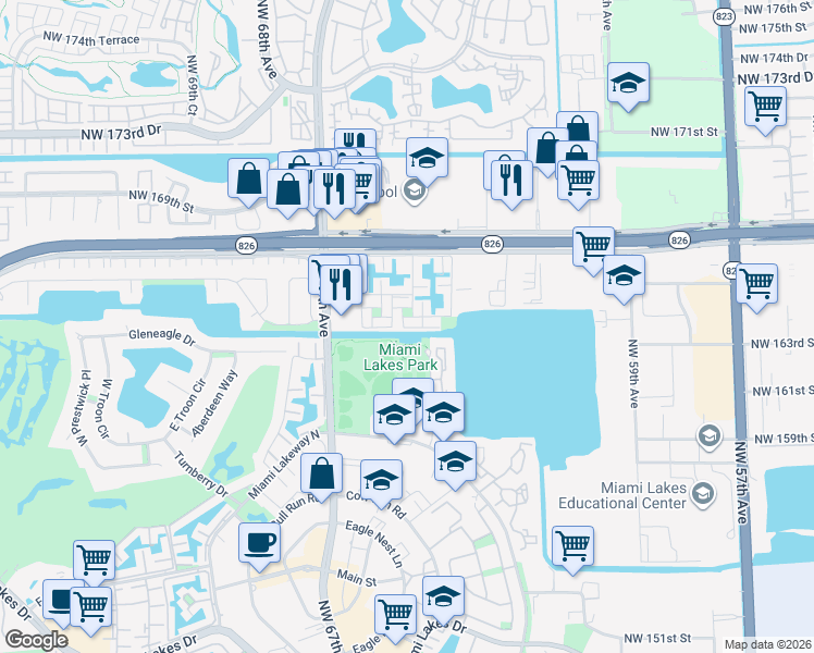 map of restaurants, bars, coffee shops, grocery stores, and more near 16285 Northwest 162nd Street in Miami Lakes