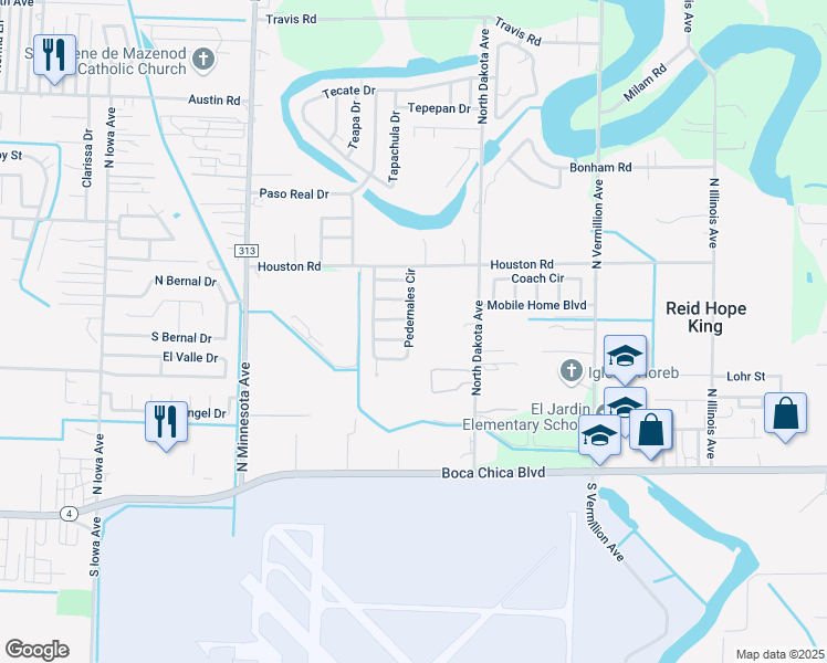 map of restaurants, bars, coffee shops, grocery stores, and more near 476 Pedernales Circle in Brownsville