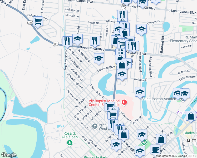 map of restaurants, bars, coffee shops, grocery stores, and more near 1500 Lakeside Blvd in Brownsville
