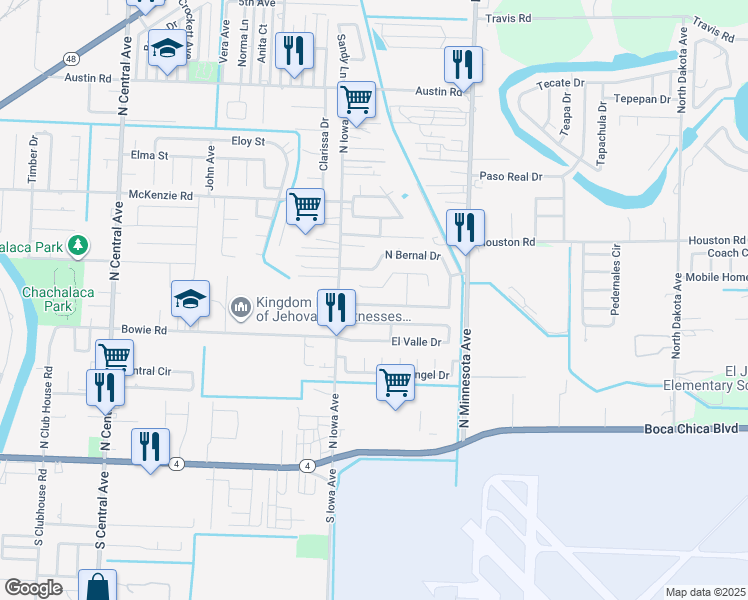 map of restaurants, bars, coffee shops, grocery stores, and more near 48 S Bernal Dr in Brownsville