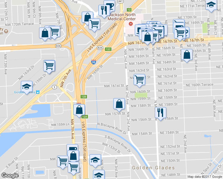 map of restaurants, bars, coffee shops, grocery stores, and more near 300 Northwest 161st Street in Miami