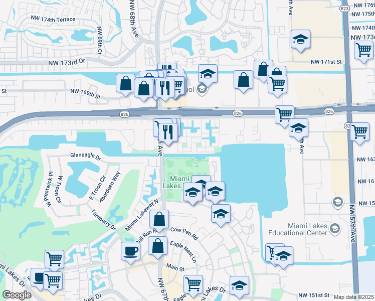 map of restaurants, bars, coffee shops, grocery stores, and more near 6435 Lemon Tree Lane in Miami Lakes