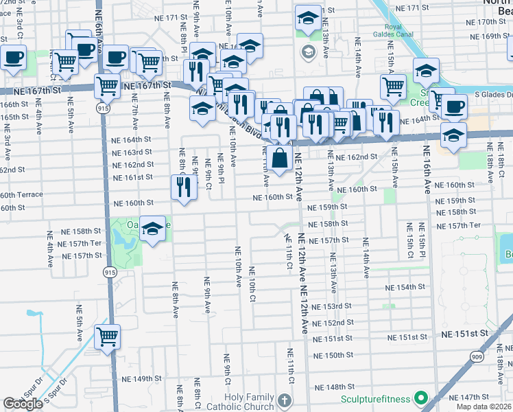 map of restaurants, bars, coffee shops, grocery stores, and more near 1100 Northeast 159th Street in North Miami Beach
