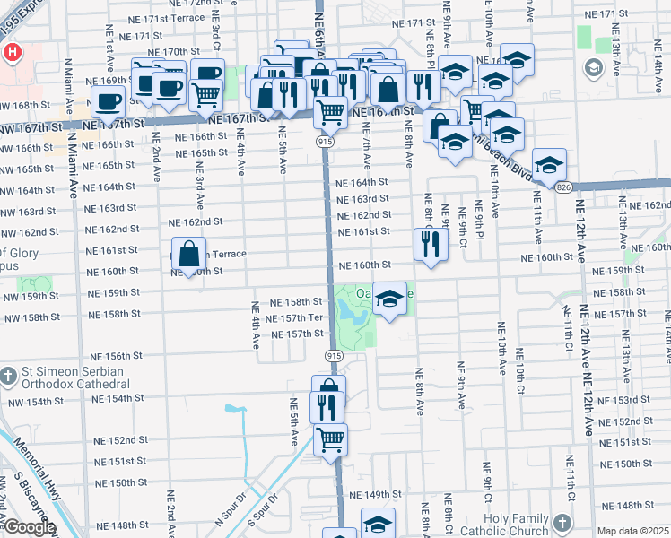 map of restaurants, bars, coffee shops, grocery stores, and more near 645 Northeast 159th Street in Miami