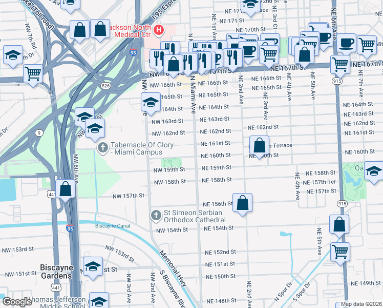 map of restaurants, bars, coffee shops, grocery stores, and more near 40 Northwest 160th Street in Miami