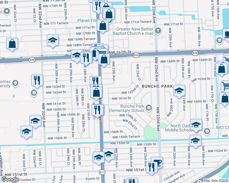 map of restaurants, bars, coffee shops, grocery stores, and more near 2530 Northwest 162nd Street in Opa-locka