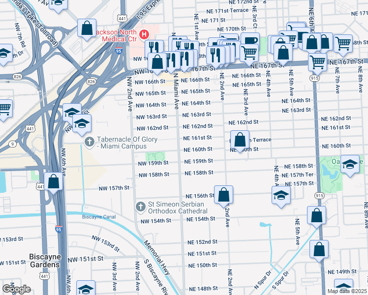 map of restaurants, bars, coffee shops, grocery stores, and more near 15 Northeast 160th Street in Miami