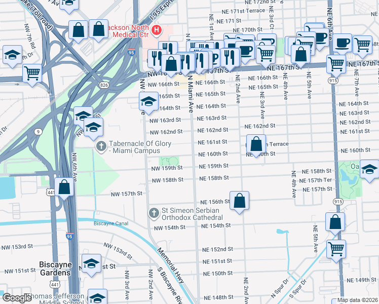 map of restaurants, bars, coffee shops, grocery stores, and more near 40 Northwest 160th Street in Miami