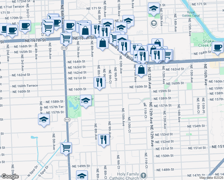 map of restaurants, bars, coffee shops, grocery stores, and more near 961 Northeast 159th Street in North Miami Beach
