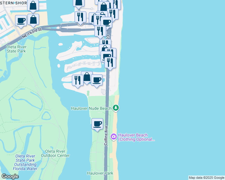 map of restaurants, bars, coffee shops, grocery stores, and more near 15701 Collins Avenue in North Miami Beach