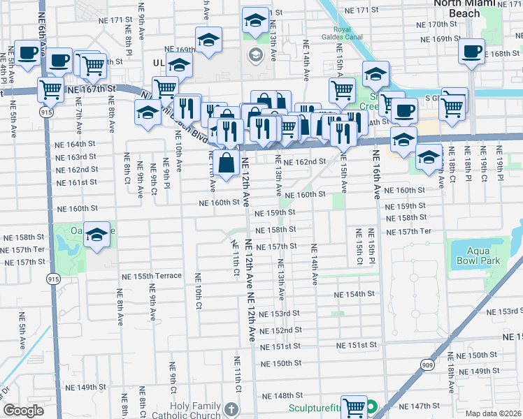 map of restaurants, bars, coffee shops, grocery stores, and more near 1250 Northeast 159th Street in North Miami Beach