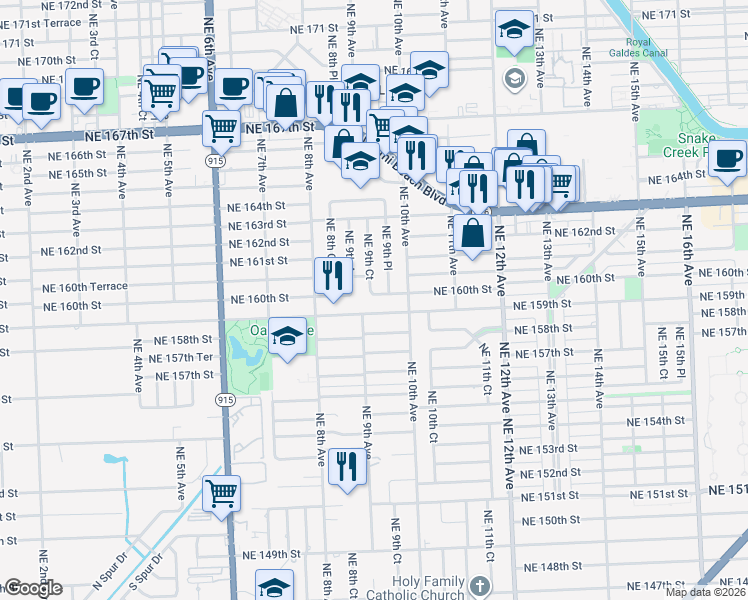 map of restaurants, bars, coffee shops, grocery stores, and more near 961 Northeast 159th Street in North Miami Beach