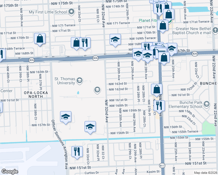 map of restaurants, bars, coffee shops, grocery stores, and more near 3030 Northwest 162nd Street in Opa-locka