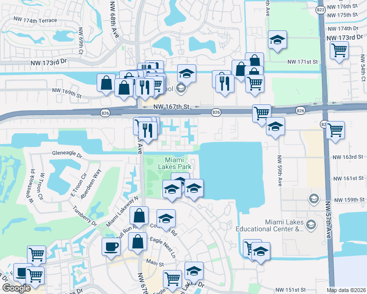 map of restaurants, bars, coffee shops, grocery stores, and more near 16285 Northwest 162nd Street in Miami Lakes