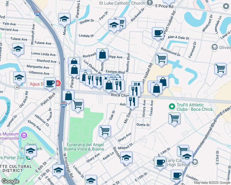 map of restaurants, bars, coffee shops, grocery stores, and more near 2474 Boca Chica Boulevard in Brownsville