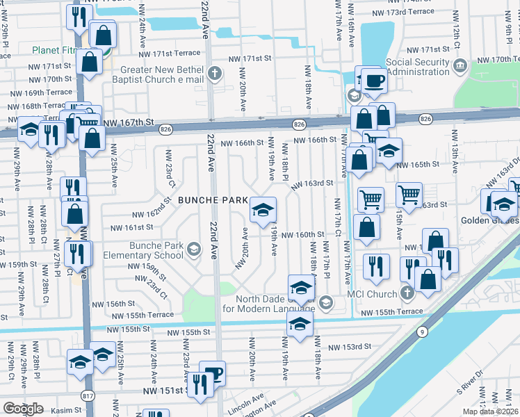 map of restaurants, bars, coffee shops, grocery stores, and more near 16121 East Bunche Park Drive in Opa-locka