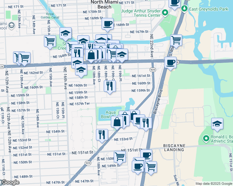 map of restaurants, bars, coffee shops, grocery stores, and more near 1920 Northeast 158th Street in North Miami Beach