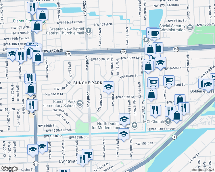 map of restaurants, bars, coffee shops, grocery stores, and more near 16121 East Bunche Park Drive in Opa-locka