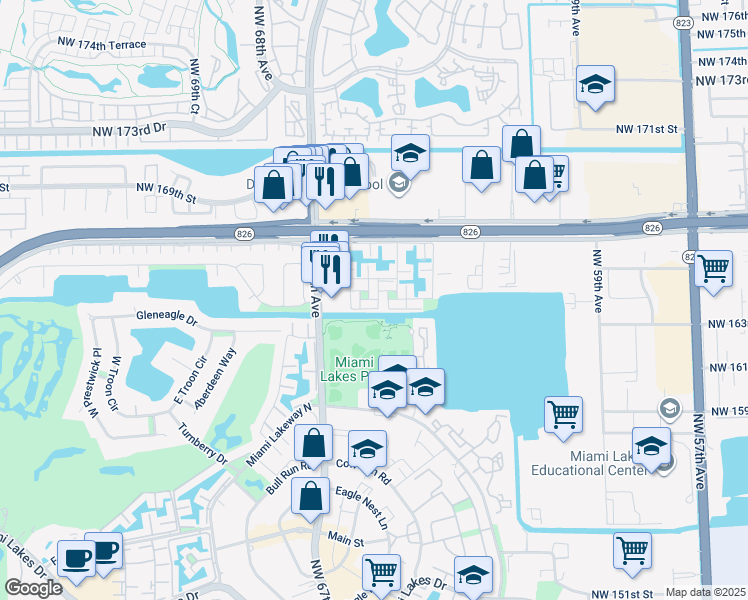 map of restaurants, bars, coffee shops, grocery stores, and more near 6435 Lemon Tree Lane in Miami Lakes