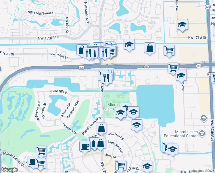 map of restaurants, bars, coffee shops, grocery stores, and more near 87436 Ludlam Road in Miami Lakes