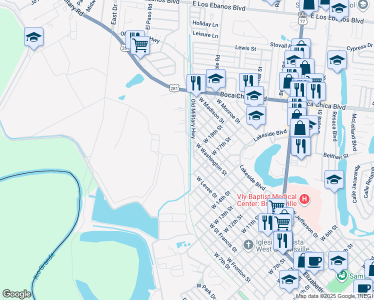 map of restaurants, bars, coffee shops, grocery stores, and more near 1900 West Elizabeth Street in Brownsville
