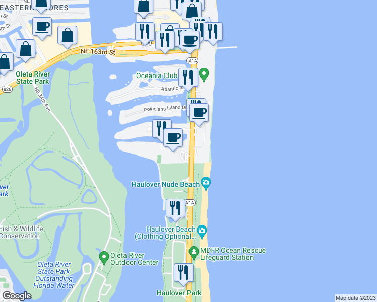 map of restaurants, bars, coffee shops, grocery stores, and more near in Sunny Isles Beach
