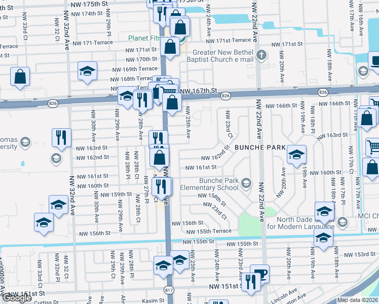map of restaurants, bars, coffee shops, grocery stores, and more near 2530 Northwest 162nd Street in Opa-locka