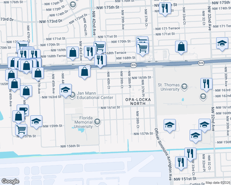 map of restaurants, bars, coffee shops, grocery stores, and more near 16225 Northwest 40th Court in Opa-locka