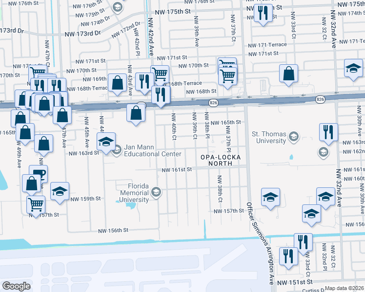 map of restaurants, bars, coffee shops, grocery stores, and more near 16225 Northwest 40th Court in Opa-locka