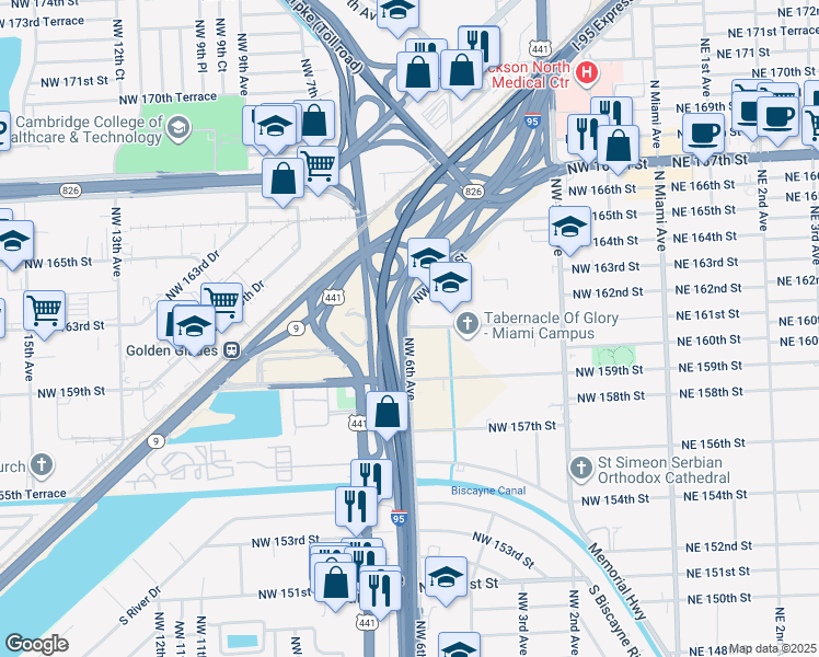 map of restaurants, bars, coffee shops, grocery stores, and more near 16099 Northwest 6th Avenue in Miami