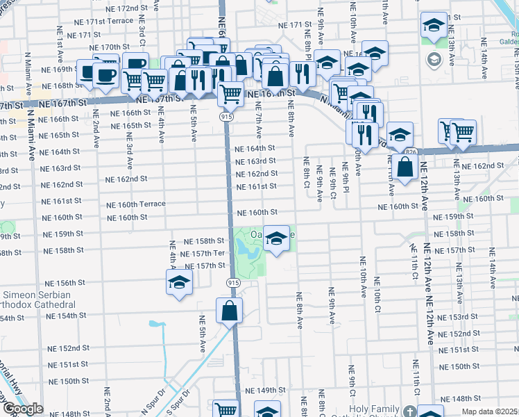 map of restaurants, bars, coffee shops, grocery stores, and more near 725 Northeast 160th Terrace in Miami
