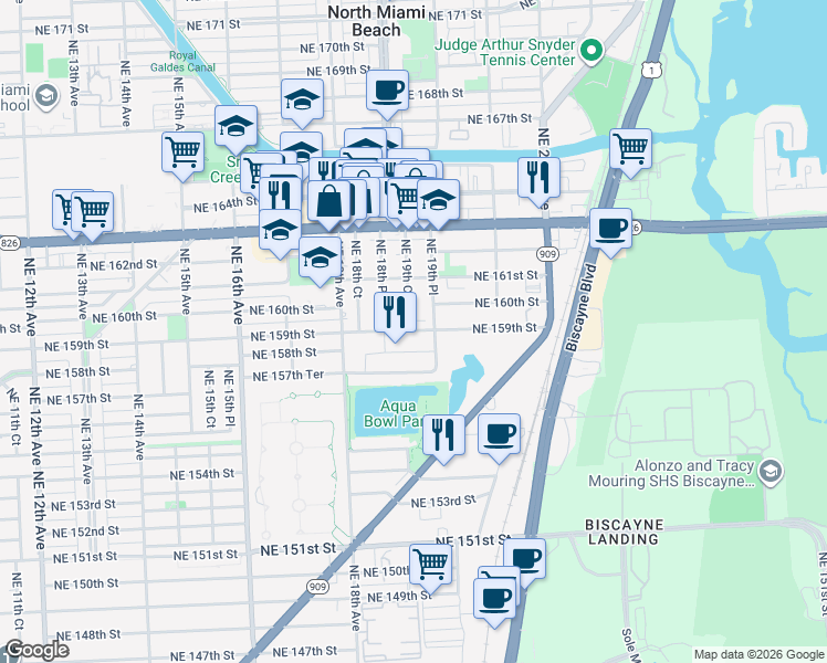 map of restaurants, bars, coffee shops, grocery stores, and more near 15990 Northeast 19th Court in North Miami Beach