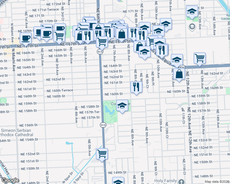map of restaurants, bars, coffee shops, grocery stores, and more near 725 Northeast 160th Terrace in Miami