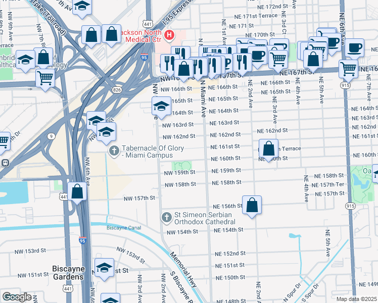 map of restaurants, bars, coffee shops, grocery stores, and more near 90 Northwest 162nd Street in North Miami Beach