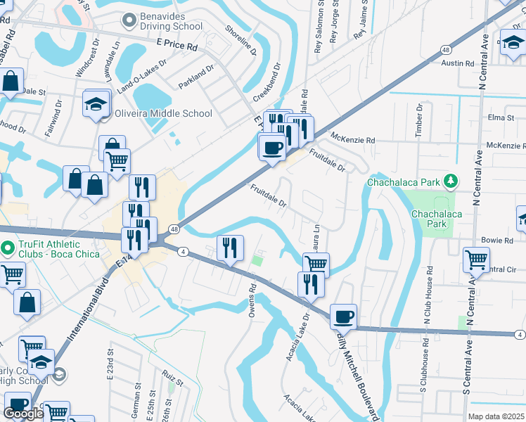 map of restaurants, bars, coffee shops, grocery stores, and more near 170 Fruitdale Drive in Brownsville