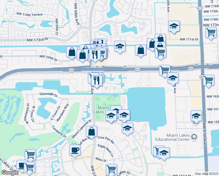 map of restaurants, bars, coffee shops, grocery stores, and more near 16342 Wood Walk in Hialeah