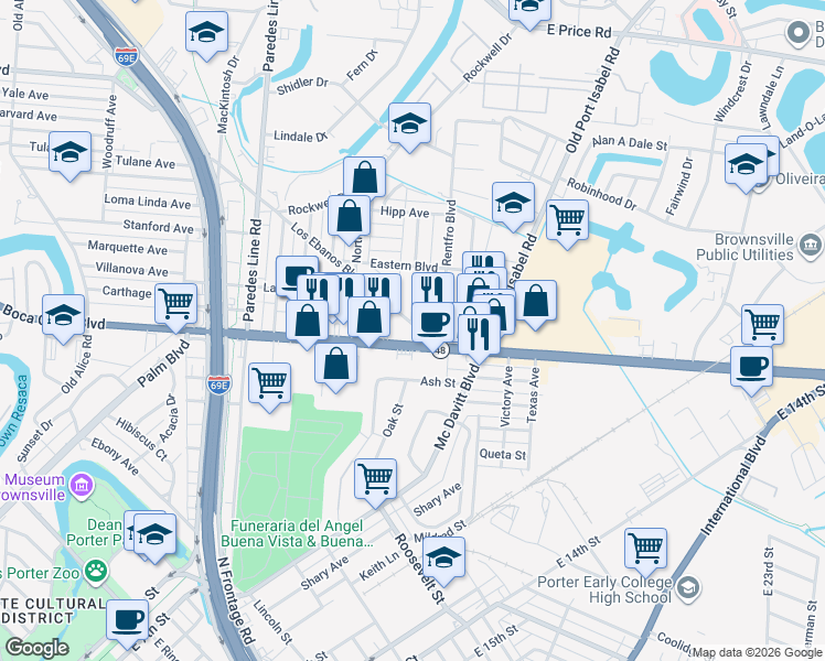 map of restaurants, bars, coffee shops, grocery stores, and more near 2494 Los Ebanos Boulevard in Brownsville