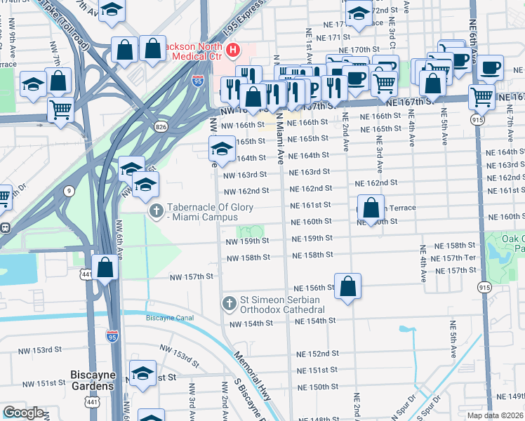 map of restaurants, bars, coffee shops, grocery stores, and more near 90 Northwest 162nd Street in North Miami Beach