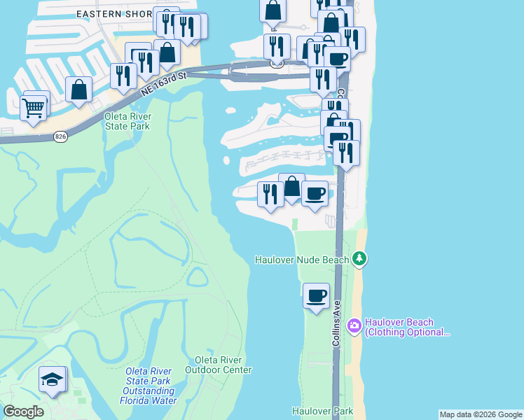 map of restaurants, bars, coffee shops, grocery stores, and more near 500 Bayview Drive in Sunny Isles Beach