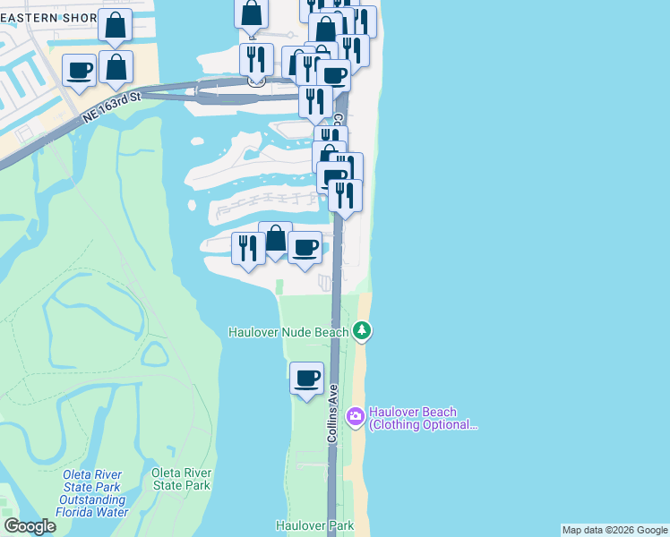 map of restaurants, bars, coffee shops, grocery stores, and more near 15800 Collins Avenue in Miami