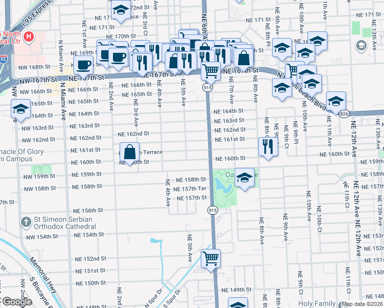 map of restaurants, bars, coffee shops, grocery stores, and more near 499 Northeast 160th Terrace in Miami